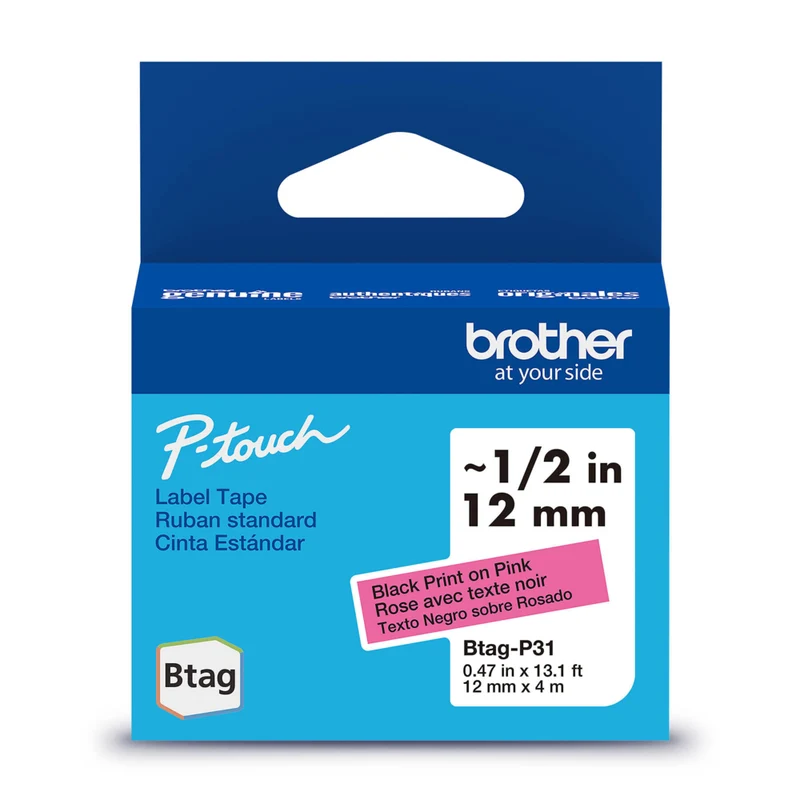 Brother Genuine BTAGP31 Label Tape for P-touch Label Makers - Black on Pink - 12 mm W x 4 m L