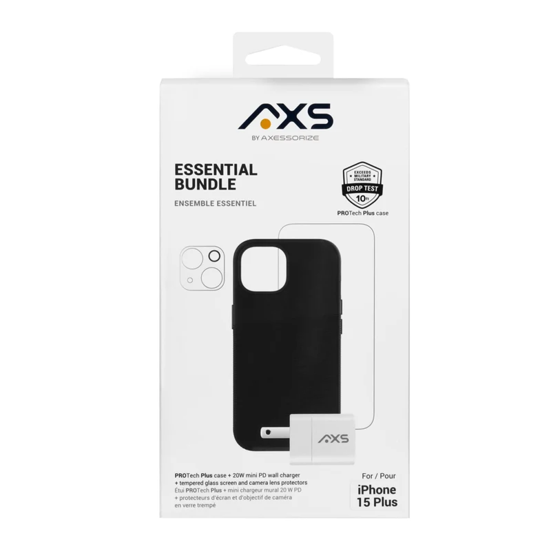 AXS Essential Bundle PROTech Plus Case, Screen Protectors and 20w Charger for Apple iPhone 15 Plus