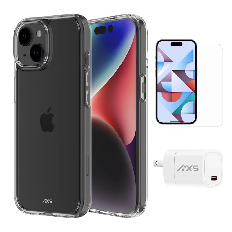 AXS Starter Kit bundle Ultra Clear Case, Screen Protector and 20w Charger for Apple iPhone 15