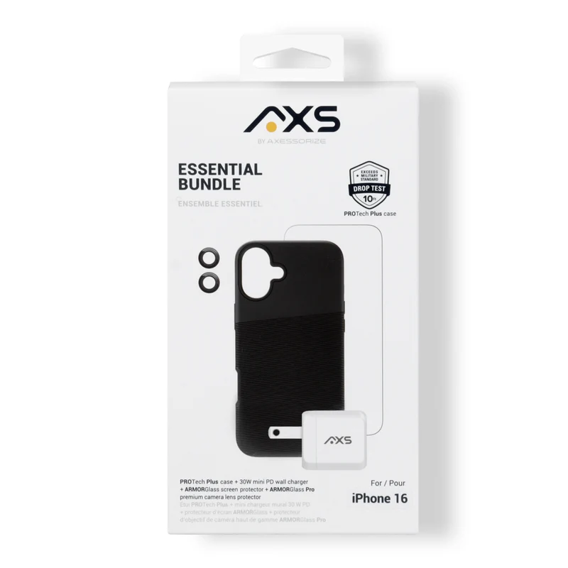 AXS Essential Bundle - PROTech Plus Case Screen Protectors and 20w Charger for iPhone 16 - Black