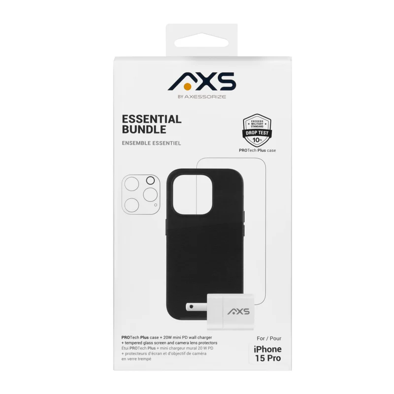 AXS Essential Bundle PROTech Plus Case, Screen Protectors and 20w Charger for Apple iPhone 15 Pro
