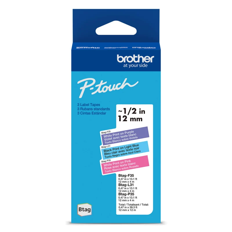 Brother - BTAG3M02 Rubans non laminés couleur authentiques pour étiqueteuse P-touch, 12 mm (L) x 4 m (l), paquet de 3