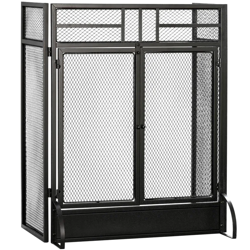 HOMCOM - Pare-étincelles pliant de foyer autoportant à 3 panneaux avec porte, noir