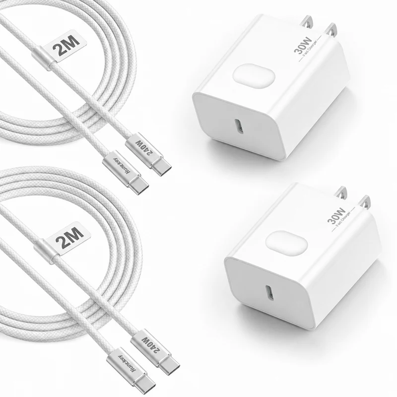 ShoppingAll Huntkey 30W USB-C Fast Wall Charger with 2m Cable - White - 2 Pack
