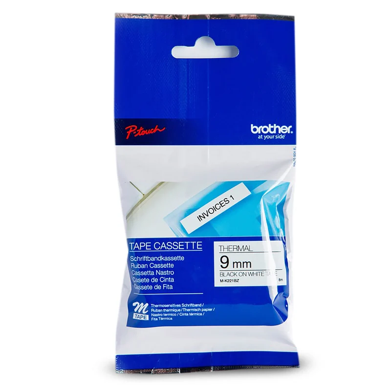 Brother Genuine MK221 Non-Laminated Tape for P-touch Label Makers - 9 mm wide x 8 m long - Black on White