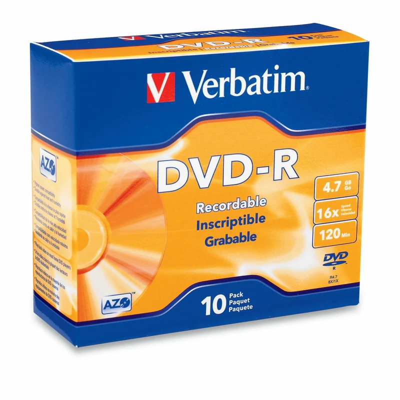 Verbatim AZO DVD-R 4.7GB 16X Slim Case with Branded Surface, 10 pack