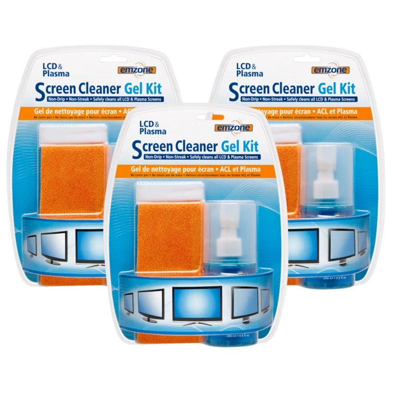 Emzone - Trousse de nettoyage pour écrans LCD et plasma avec gel nettoyant - 200 mL - paquet de 3