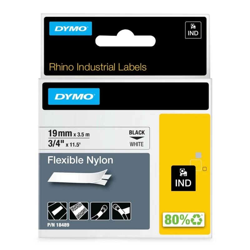 DYMO Rhino Label Tape, 19mm (3/4") Black on White Nylon