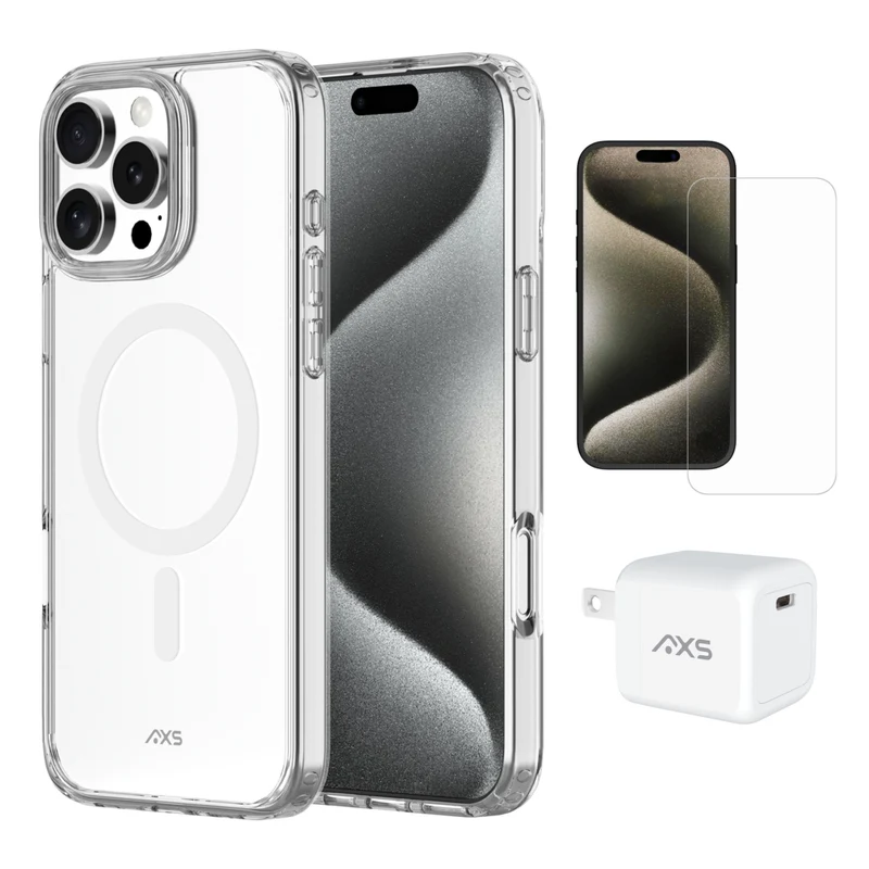 AXS Starter Kit bundle with Ultra Clear Magsafe Case Screen Protector and 30W Charger for iPhone 16 Pro Max - Clear