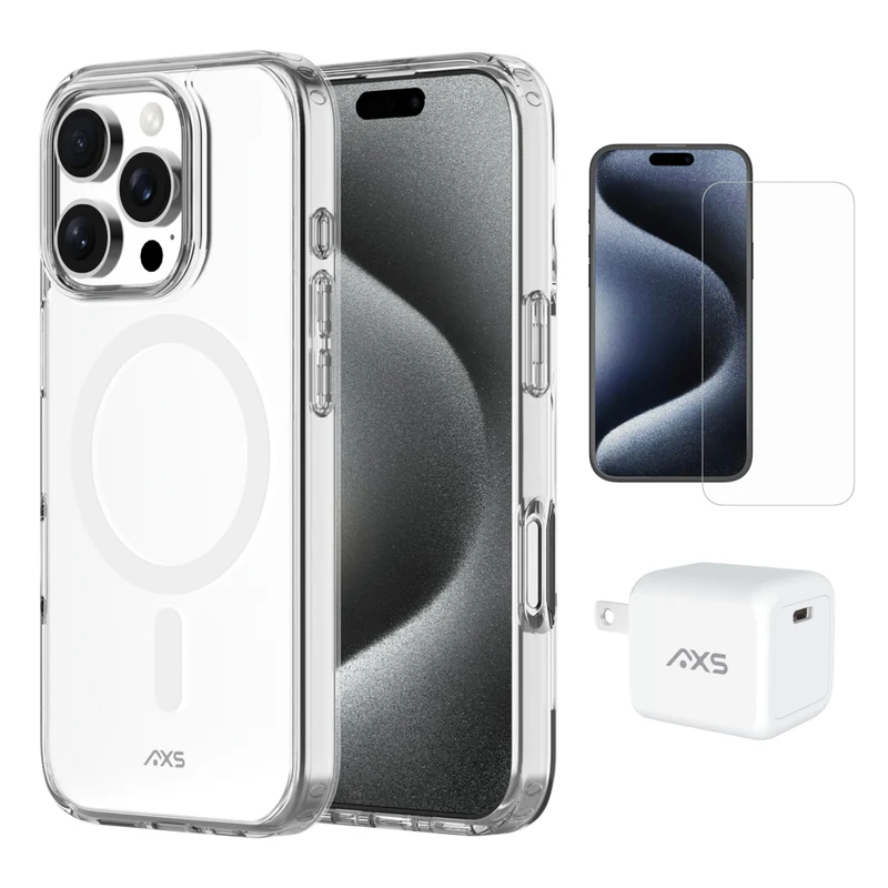 AXS Starter Kit bundle with Ultra Clear Magsafe Case Screen Protector and 30W Charger for iPhone 16 Pro - Clear