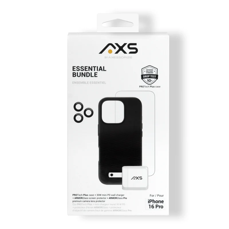 AXS - Ensemble Essentiel - étui PROTech Plus testé contre les chutes, protecteur d’écran et chargeur 30W pour iPhone 16 Pro - Noir