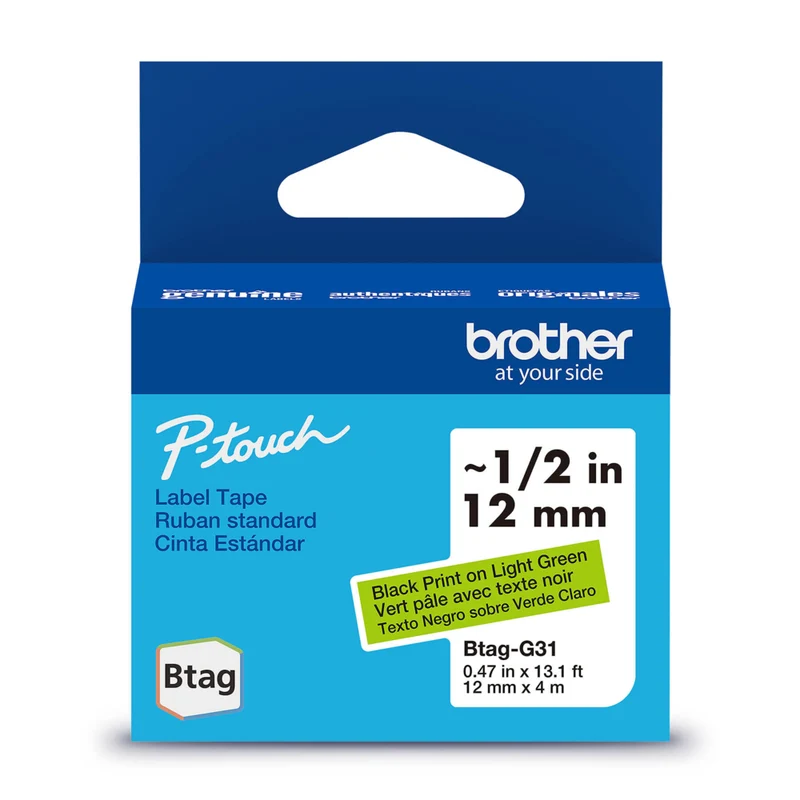 Brother Genuine BTAGG31 Label Tape for P-touch Label Makers - 12 mm W x 4 m L - Black on Light Green