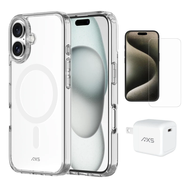 AXS - Ensemble de départ - étui ULTRA CLEAR transparent testé contre les chutes, protecteur d’écran et chargeur 30W pour iPhone 16 - Clear