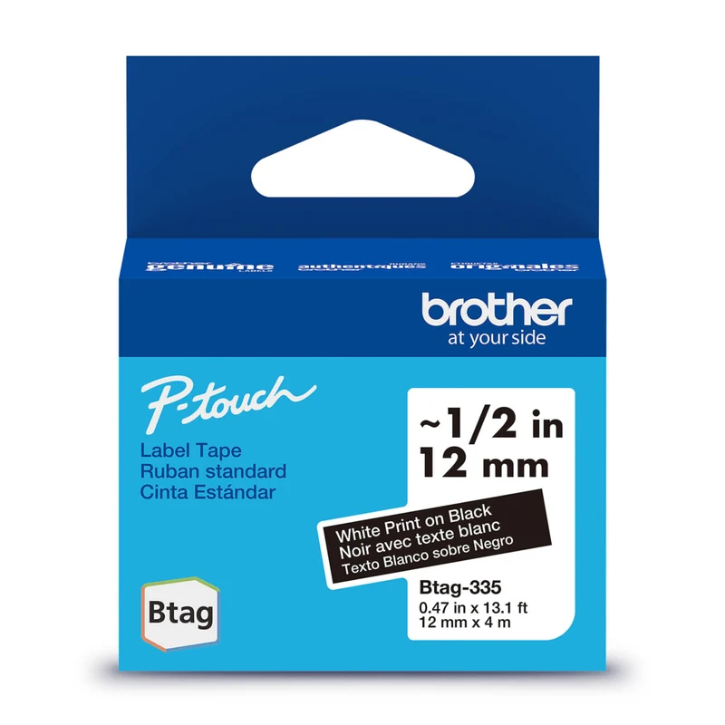 Brother Genuine BTAG335 Label Tape for P-touch Label Makers - White on Black - 12 mm W x 4 m L