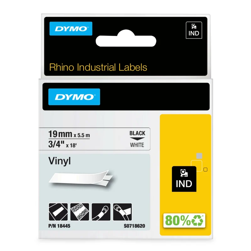 DYMO - Étiquettes adhésives Rhinoâ„¢ Industrial en vinyle, 3/4 po x 18 pi, noir sur blanc