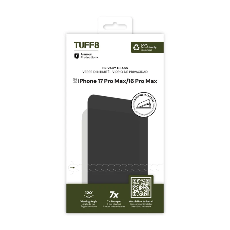 TUFF8 - Protection d'écran en verre de confidentialité avec installation automatique pour iPhone 17 Pro Max