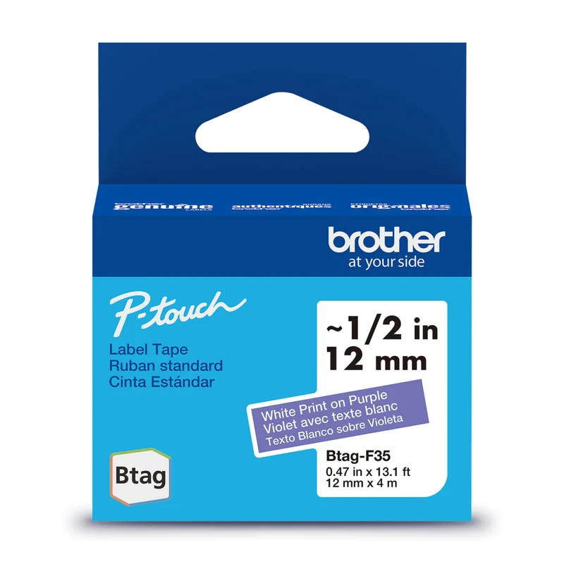 Brother Genuine BTAGF35 Label Tape for P-touch Label Makers - White on Purple - 12 mm W x 4 m L