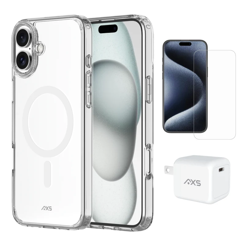 AXS Starter Kit bundle with Ultra Clear Magsafe Case Screen Protector and 30W Charger for iPhone 16 Plus - Clear