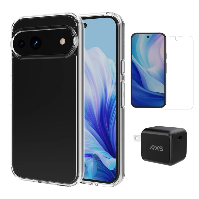 AXS - Ensemble de départ - étui ULTRA CLEAR transparent testé contre les chutes, protecteur d’écran et chargeur 30W pour Google Pixel 9 / Pixel 9 Pro - Clear