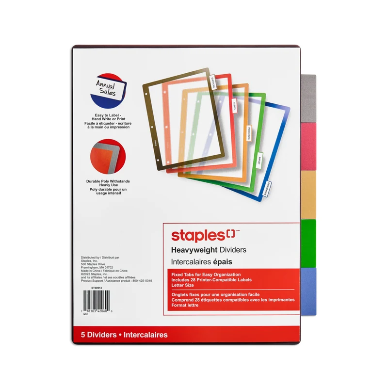 Staples - Ensemble de Séparateurs en plastique pour étiquettes Better Print & Apply, 5 onglets, Couleurs Assorties