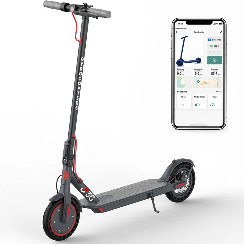 Gyrocopters - Trottinette électrique J30 pour adultes et adolescents - Vitesse 31 km/h - Autonomie 30 km - Application - Gris