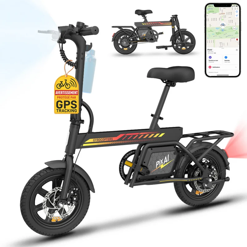 Gyrocopters - Vélo électrique PixAI pour adultes et adolescents - Vitesse 32 km/h - Autonomie (assistance) 70 km - Noir