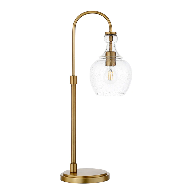 Hudson&Canal Verona 27" Tall Arc Table Lamp with Glass Shade - Brushed Brass/Seeded