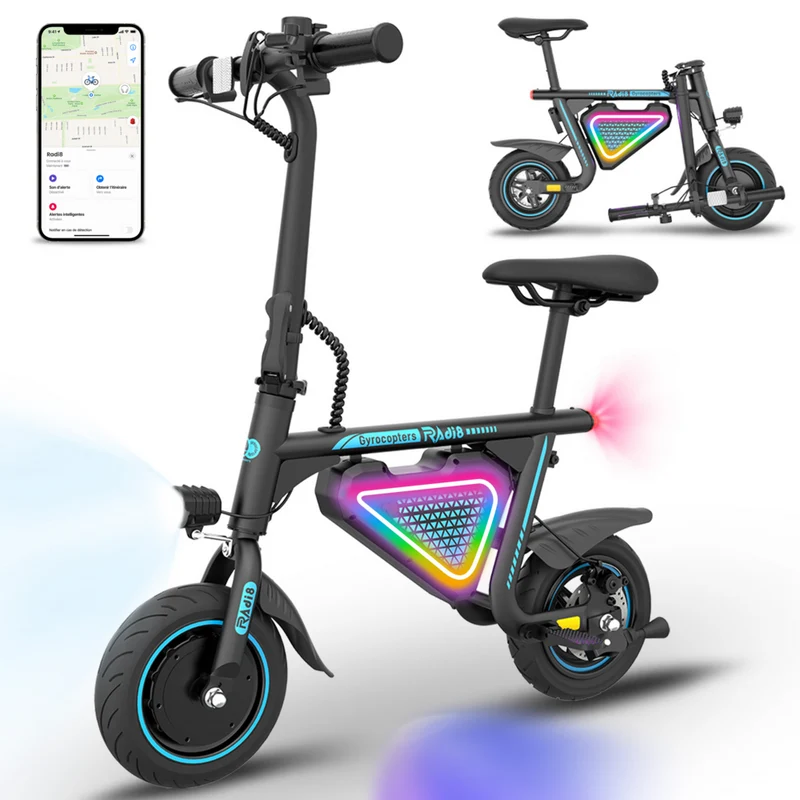Gyrocopters - Trottinette électrique pour enfants Radi8 - Vitesse 25 km/h - Autonomie 20 km - Éclairage LED - Noir