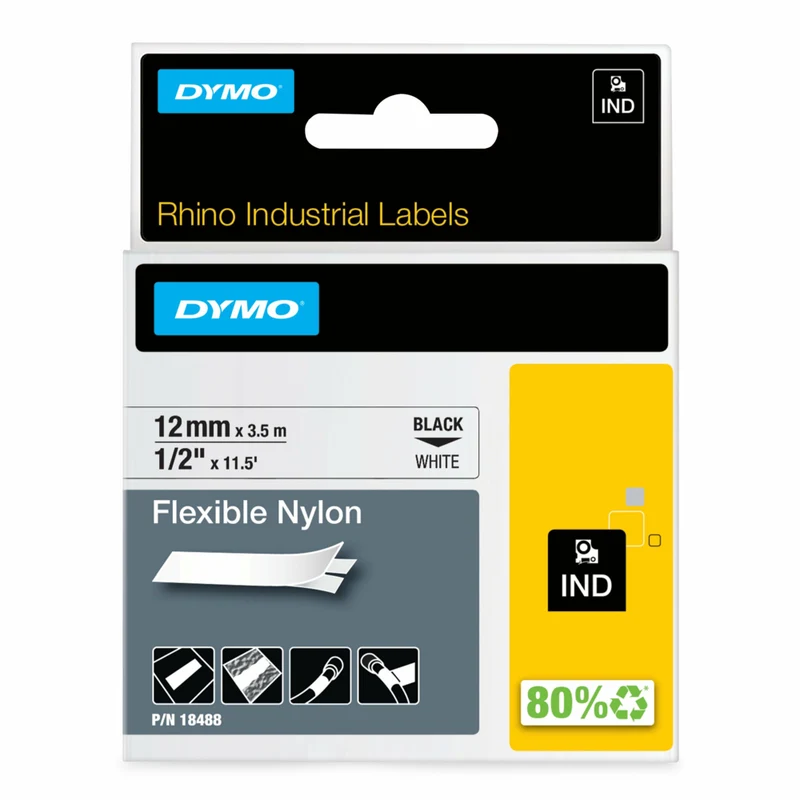 DYMO - Ruban d'étiquettes Rhino, 12 mm (1/2 po), nylon, noir sur blanc