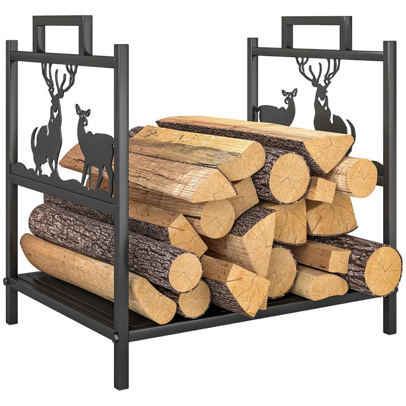 Outsunny Firewood Rack Outdoor - Heavy Duty Log Stand with Handles - Black