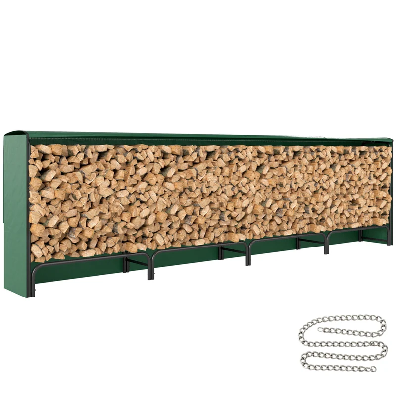 Outsunny Outdoor Firewood Rack with Rain Cover - Steel Chains - Dark Green