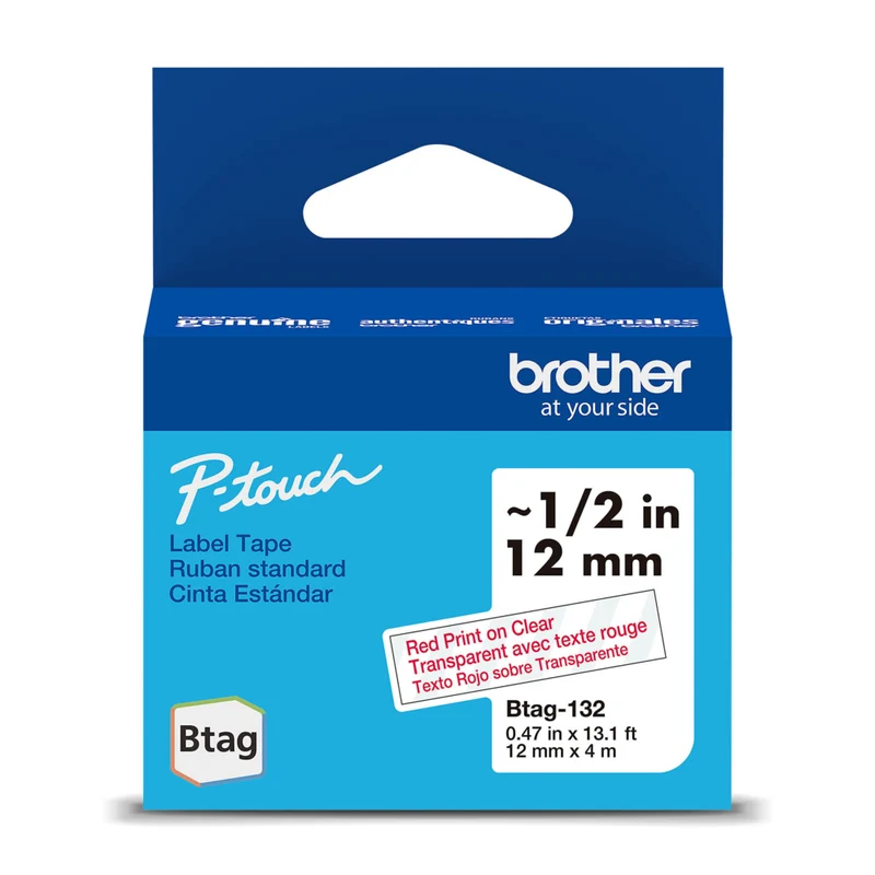 Brother Genuine BTAG132 Label Tape for P-touch Label Makers - Red on Clear - 12 mm W x 4 m L